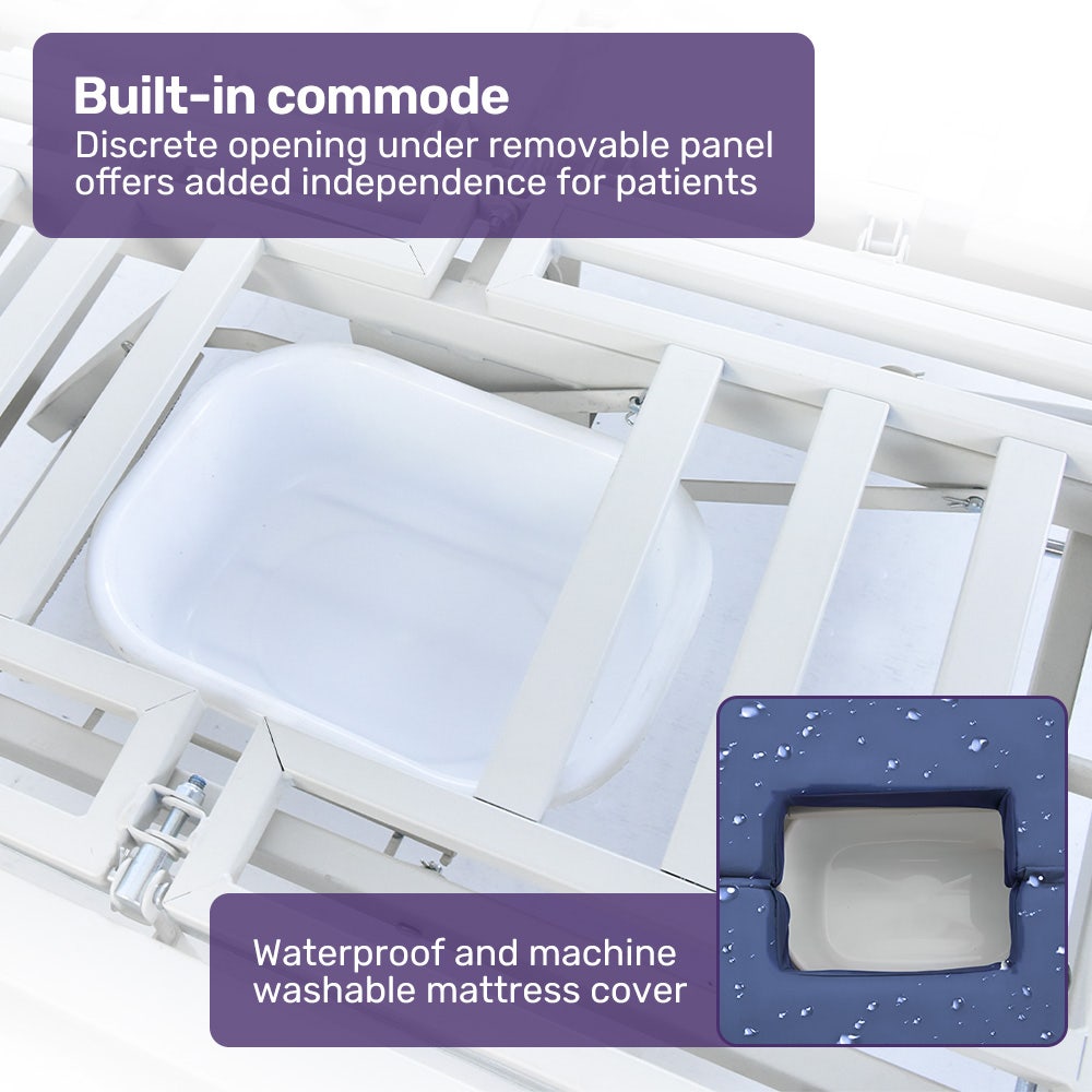 Hlpmedical EQUIPMED 7-function medical bed with mattress, over-bed table, adjustable back and leg lifts, lateral tilt, IV pole, and commode bowl.