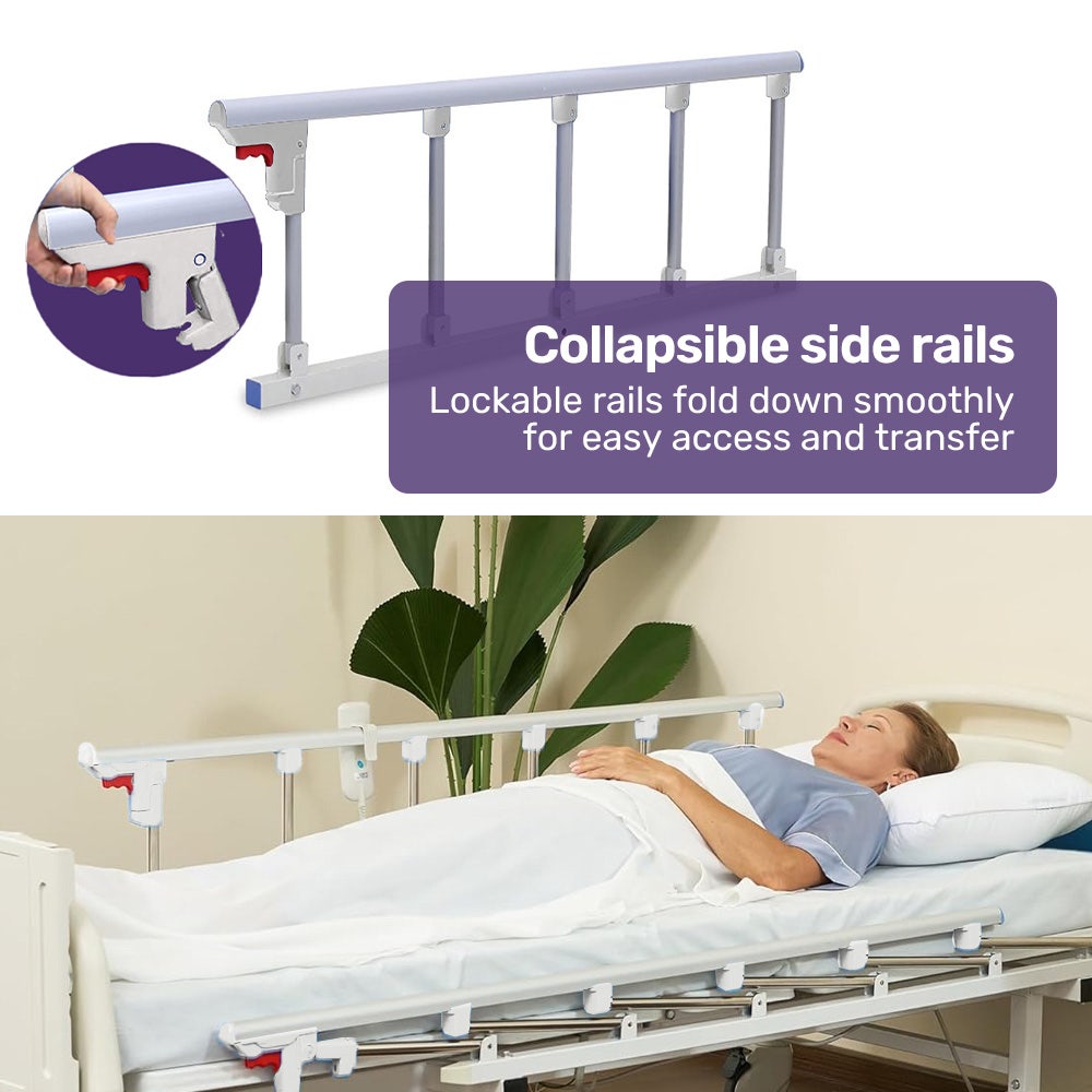 Hlpmedical EQUIPMED 7-function medical bed with adjustable back and leg lifting, mattress, over-bed table, IV pole, and commode bowl.