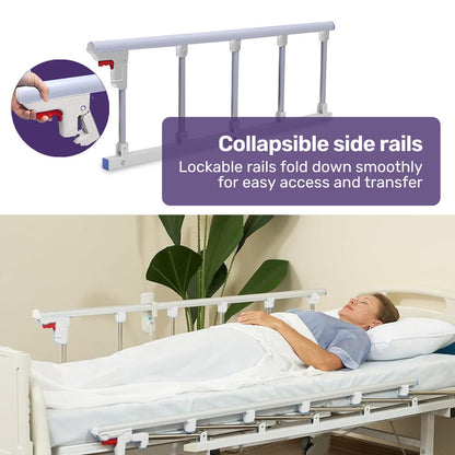 Hlpmedical EQUIPMED 7-function medical bed with adjustable back and leg lifting, mattress, over-bed table, IV pole, and commode bowl.