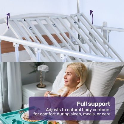 Hlpmedical EQUIPMED 7-function medical bed with mattress, over-bed table, adjustable back and leg lifts, lateral tilt, commode bowl, IV pole