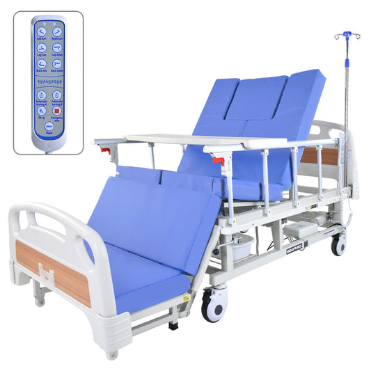 Hlpmedical EQUIPMED electric medical bed with mattress, over bed table, adjustable back and leg lifts, lateral tilt, IV pole, and commode bowl