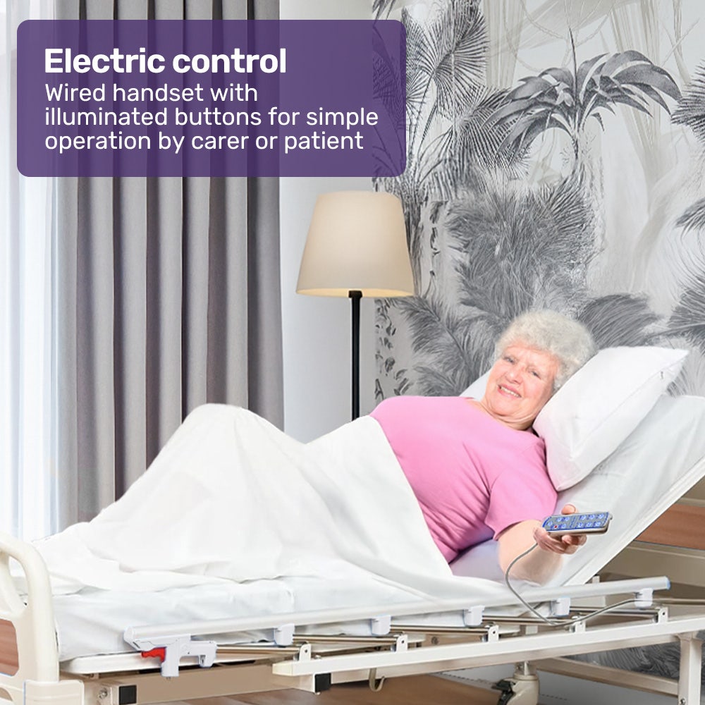 Hlpmedical EQUIPMED Electric 8-function medical bed with mattress, over bed table, adjustable back and leg lifts, and IV pole.