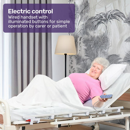 Hlpmedical EQUIPMED Electric 8-function medical bed with mattress, over bed table, adjustable back and leg lifts, and IV pole.