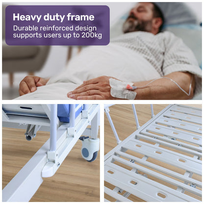 Hlpmedical EQUIPMED electric medical bed with mattress, over bed table, adjustable back and leg lifts, tilting, IV pole, and commode bowl