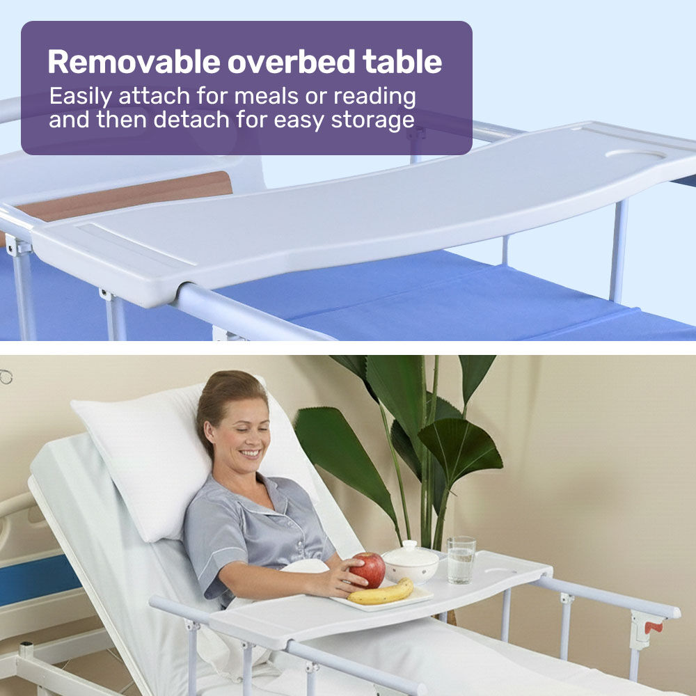 Hlpmedical EQUIPMED electric medical bed with mattress, over bed table, adjustable back and leg, tilting, IV pole, and commode bowl.