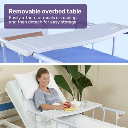Hlpmedical EQUIPMED electric medical bed with mattress, over bed table, adjustable back and leg, tilting, IV pole, and commode bowl.