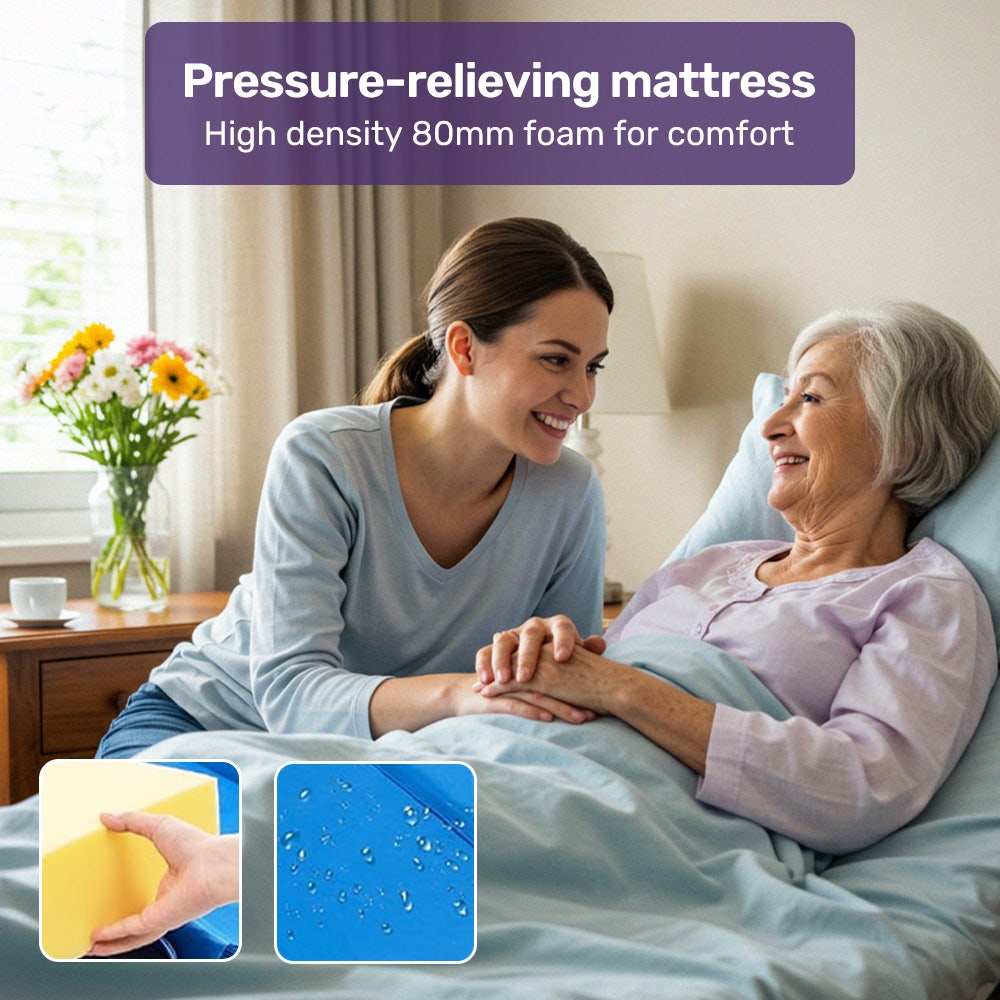 Hlpmedical EQUIPMED electric medical bed with mattress, over bed table, adjustable back and leg lifts, lateral tilt, IV pole, and commode bowl
