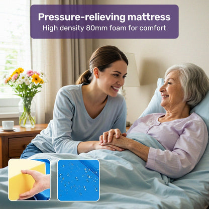 Hlpmedical EQUIPMED electric medical bed with mattress, over bed table, adjustable back and leg lifts, lateral tilt, IV pole, and commode bowl