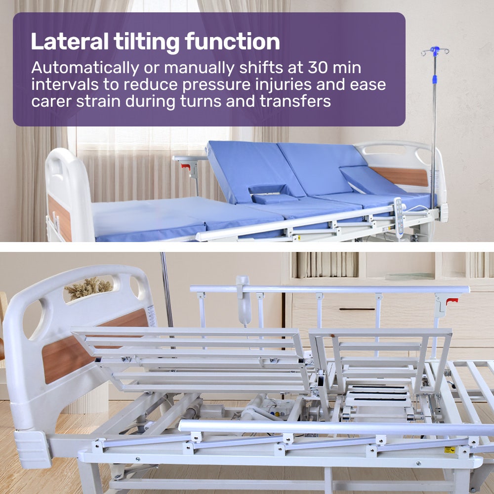 Hlpmedical EQUIPMED electric medical bed with mattress, over bed table, adjustable back and leg lifts, lateral tilt, IV pole, and commode bowl