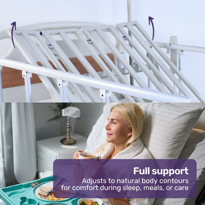 Hlpmedical EQUIPMED electric medical bed with mattress, over bed table, adjustable back and leg lifts, lateral tilt, IV pole, and commode bowl
