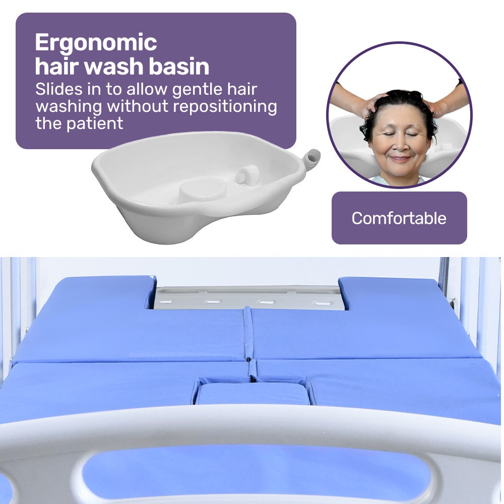 Hlpmedical EQUIPMED electric medical bed with mattress, over bed table, adjustable back and leg lifts, lateral tilt, IV pole, and commode bowl