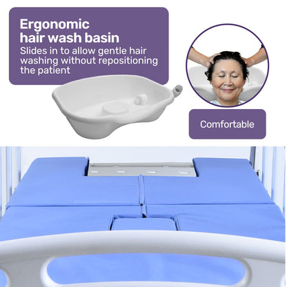 Hlpmedical EQUIPMED electric medical bed with mattress, over bed table, adjustable back and leg lifts, lateral tilt, IV pole, and commode bowl