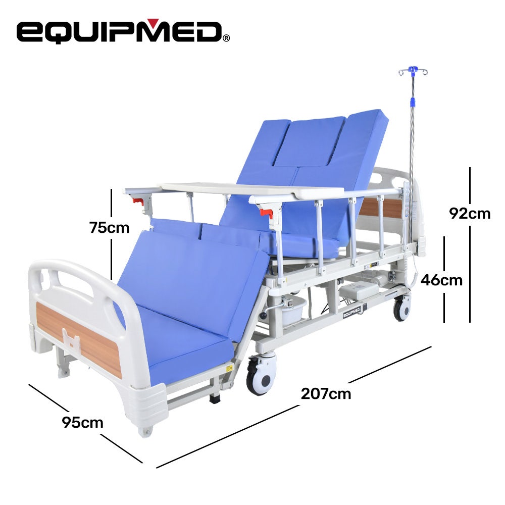 Hlpmedical EQUIPMED electric medical bed with mattress, over bed table, adjustable back and leg lifts, lateral tilt, IV pole, and commode bowl
