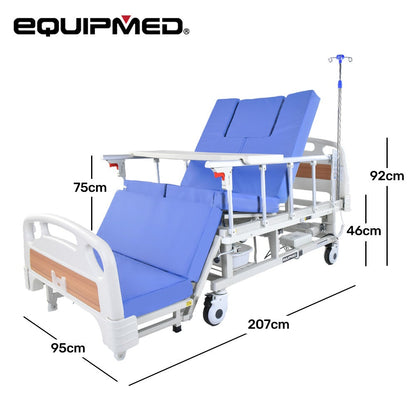 Hlpmedical EQUIPMED electric medical bed with mattress, over bed table, adjustable back and leg lifts, lateral tilt, IV pole, and commode bowl