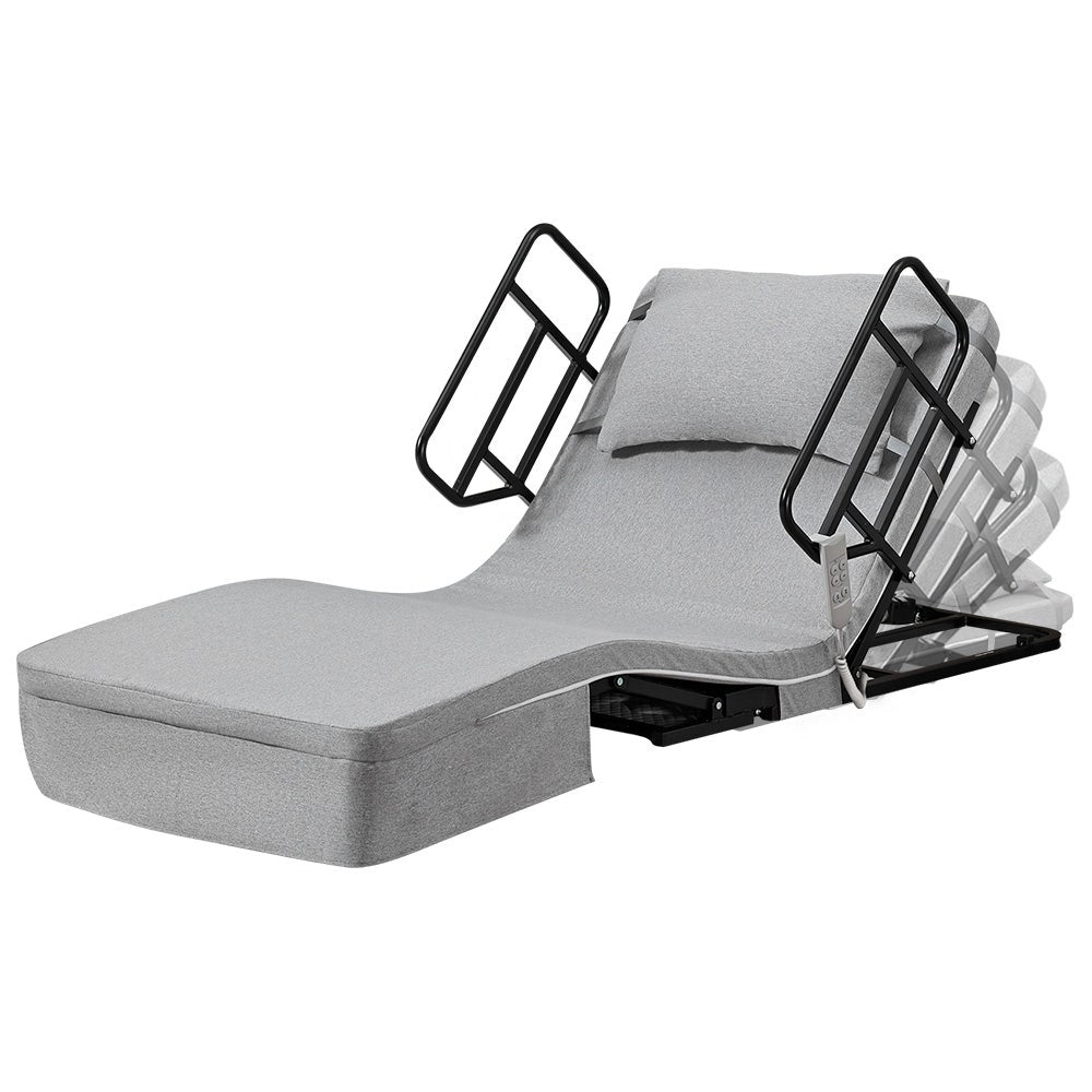 Equipmed electric adjustable bed by Hlpmedical with remote control, grey backrest and leg adjustment, German-engineered health and wellbeing.