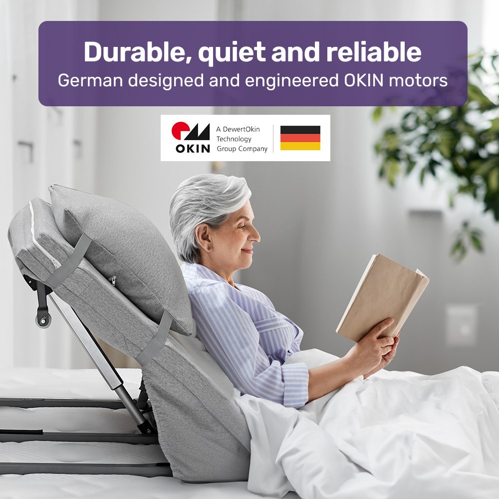 Equipmed electric adjustable bed by Hlpmedical with remote control, grey backrest and leg adjustment for enhanced sleep comfort.