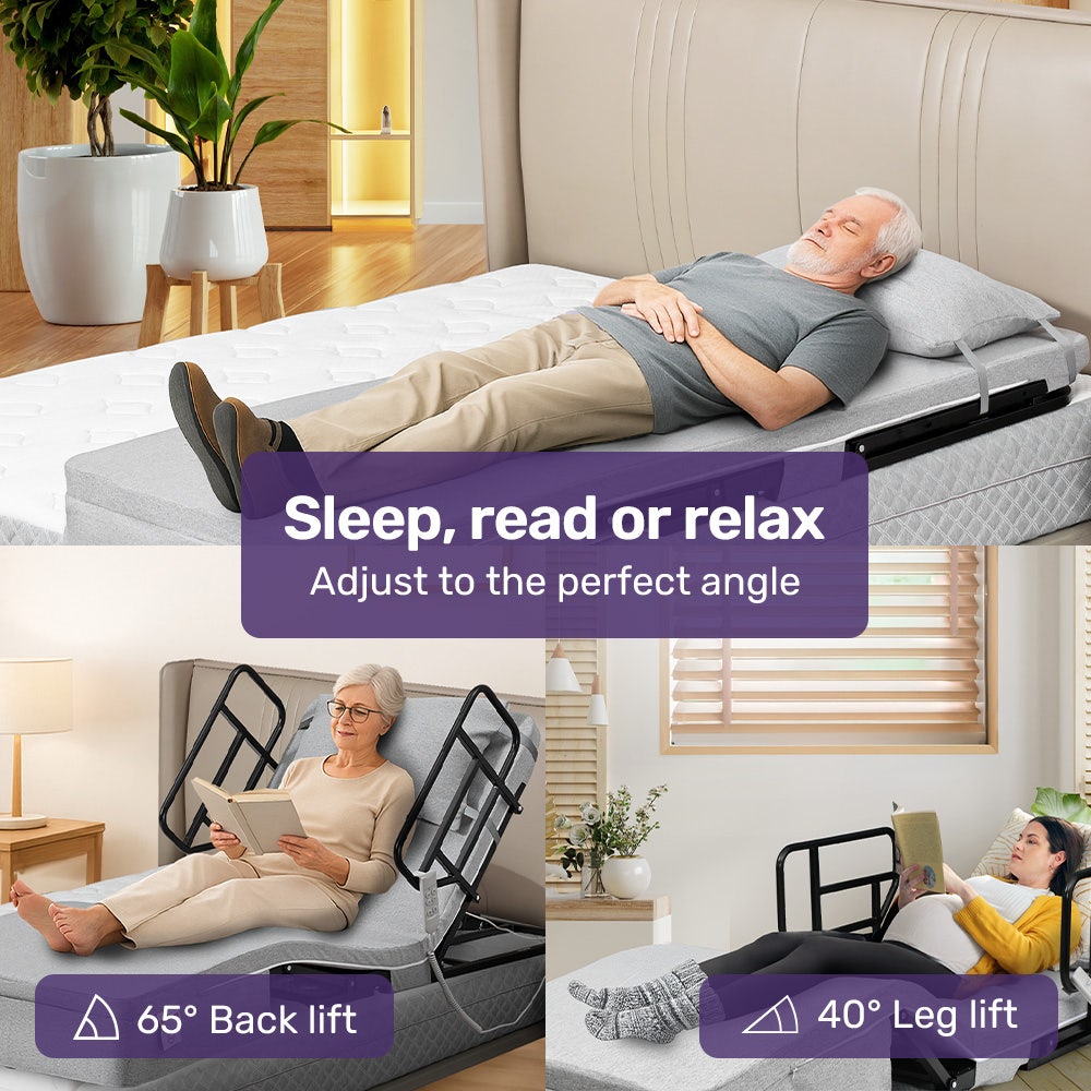 Hlpmedical Equipmed electric adjustable bed with remote control, grey, featuring backrest and leg adjustment for enhanced comfort.