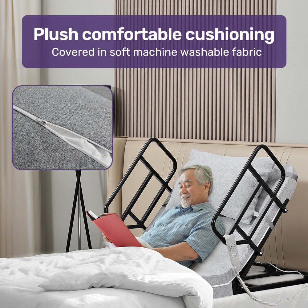 Hlpmedical Equipmed electric adjustable bed with remote control, grey, featuring backrest and leg adjustment for enhanced comfort.