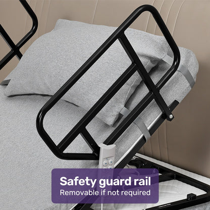 Equipmed electric adjustable bed by Hlpmedical with remote control, grey fabric, backrest and leg adjustment for better sleep comfort.