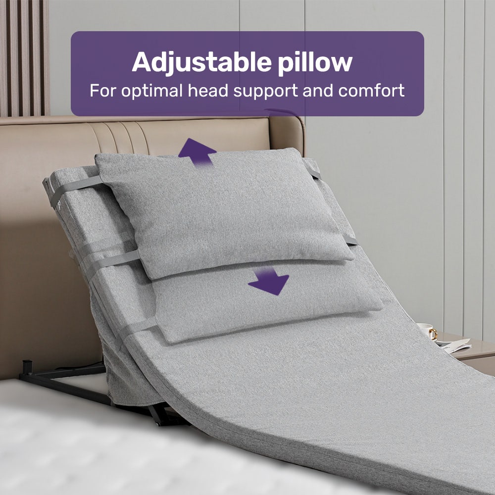 Hlpmedical Equipmed electric adjustable bed with grey fabric, remote control, backrest and leg adjustment for enhanced sleeping comfort.