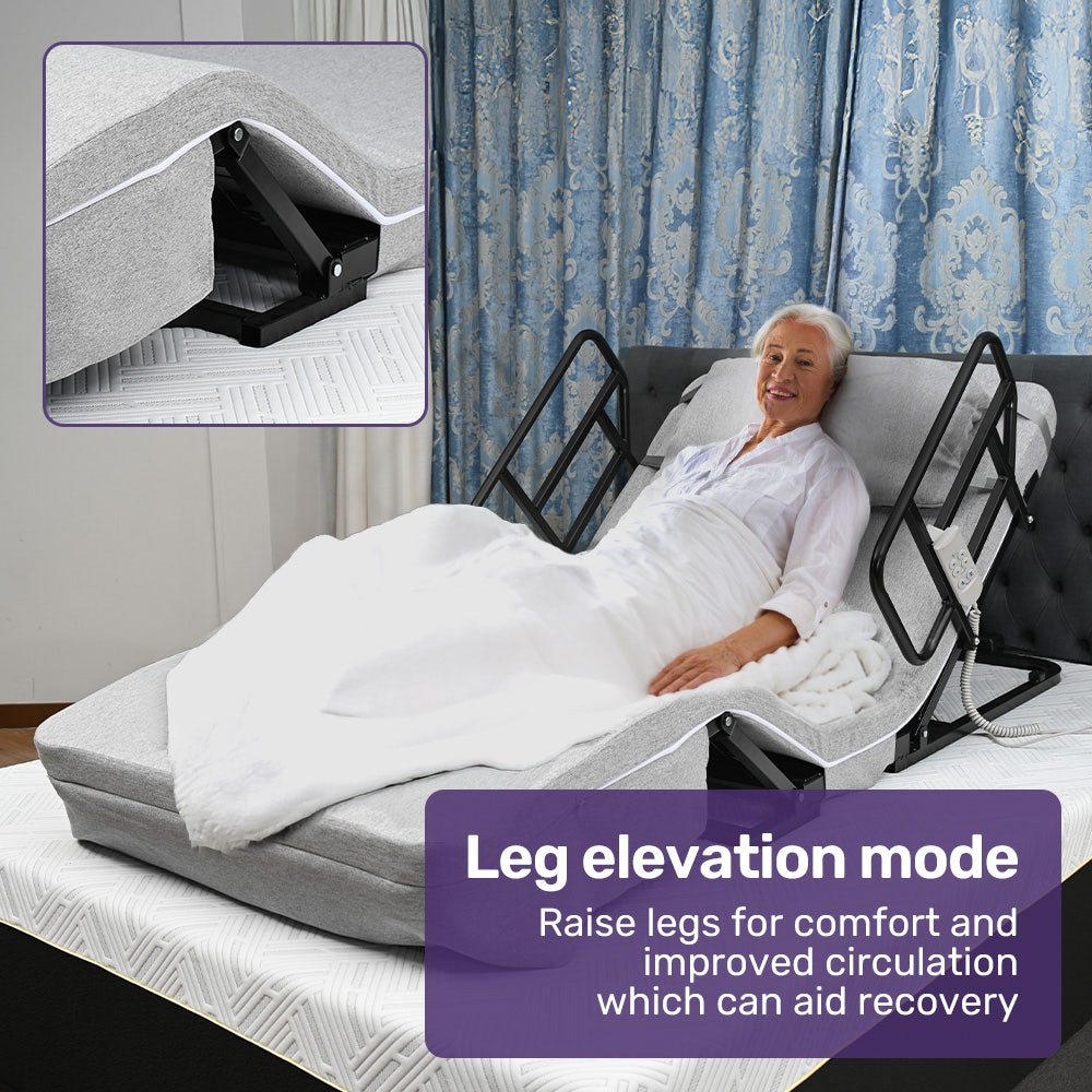 Hlpmedical Equipmed electric adjustable bed with remote control, grey, featuring backrest and leg adjustment for improved sleep comfort.