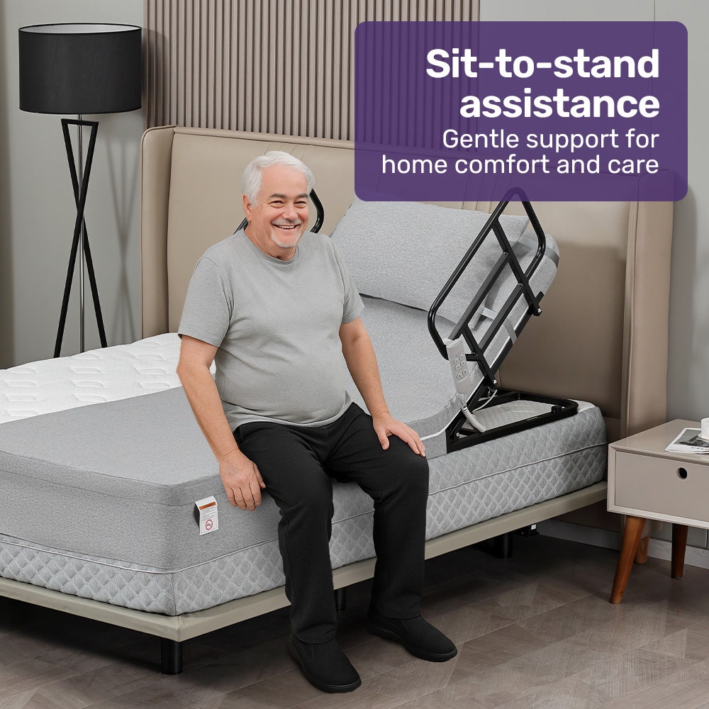 Equipmed electric adjustable bed by Hlpmedical with grey backrest and leg adjustment, remote control, German-engineered for comfort and support.