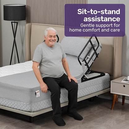 Equipmed electric adjustable bed by Hlpmedical with grey backrest and leg adjustment, remote control, German-engineered for comfort and support.