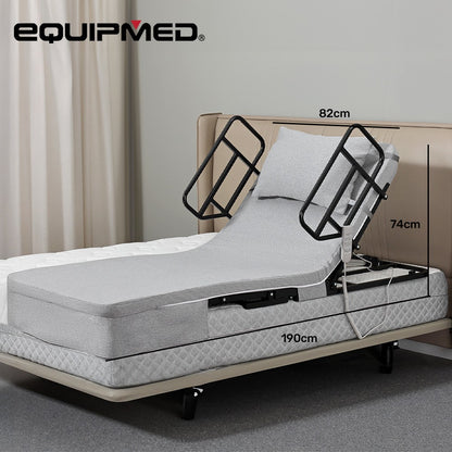 Equipmed electric adjustable bed by Hlpmedical with remote control, grey backrest and leg adjustment for enhanced sleep comfort.