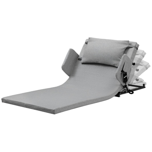 Equipmed electric adjustable bed backrest in grey, German-engineered power lifting back support with remote control, full length.