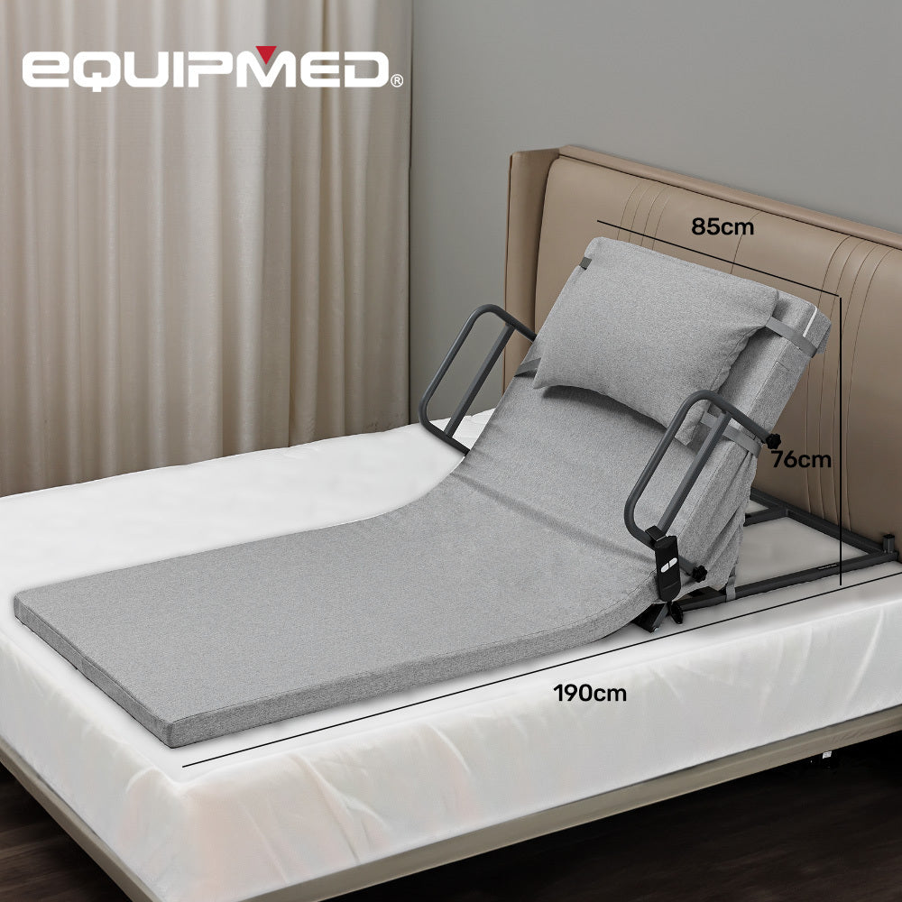 Equipmed electric adjustable bed backrest in grey, German-engineered power lifting support with remote control for optimal comfort.