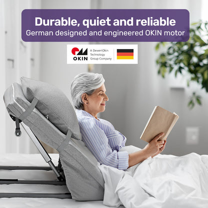 Equipmed electric adjustable bed backrest by Hlpmedical, grey full-length health and wellbeing sleeping aid with remote control.