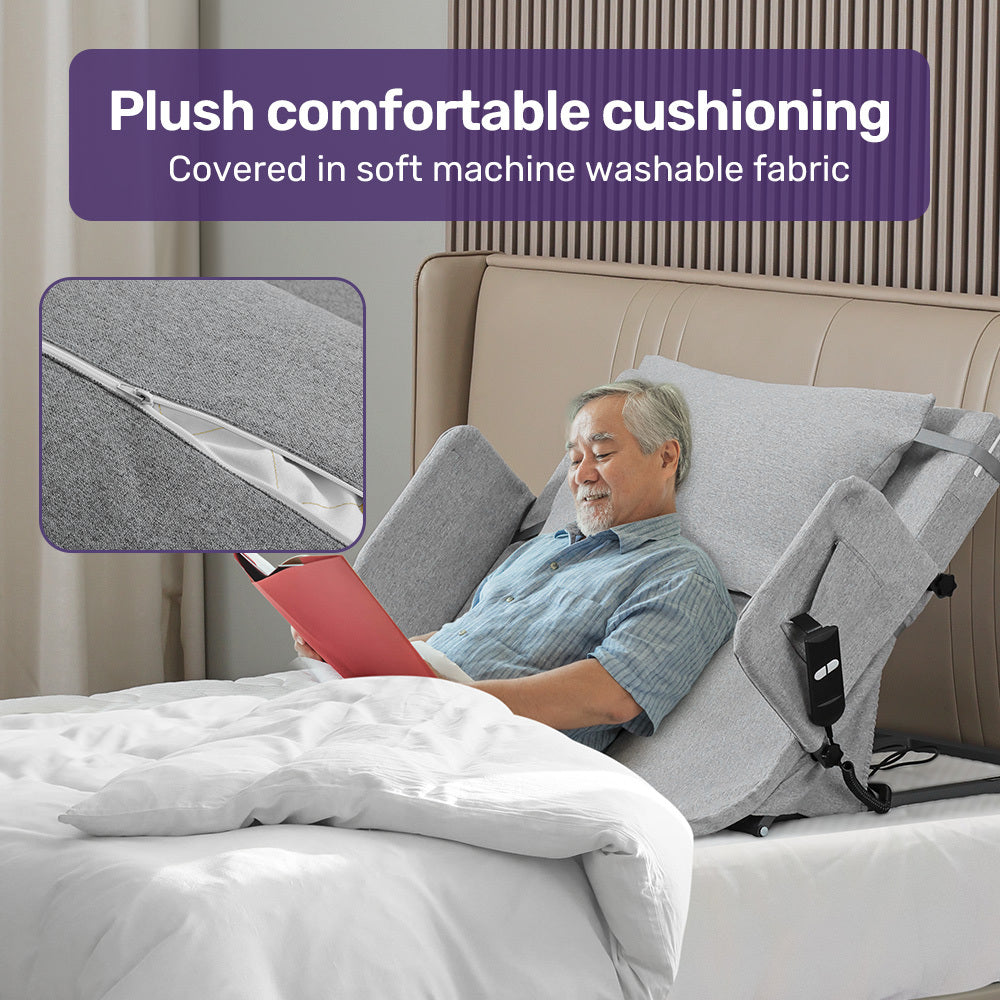 Equipmed electric adjustable bed backrest by Hlpmedical, grey full-length back support with remote control, German-engineered lifting mechanism.