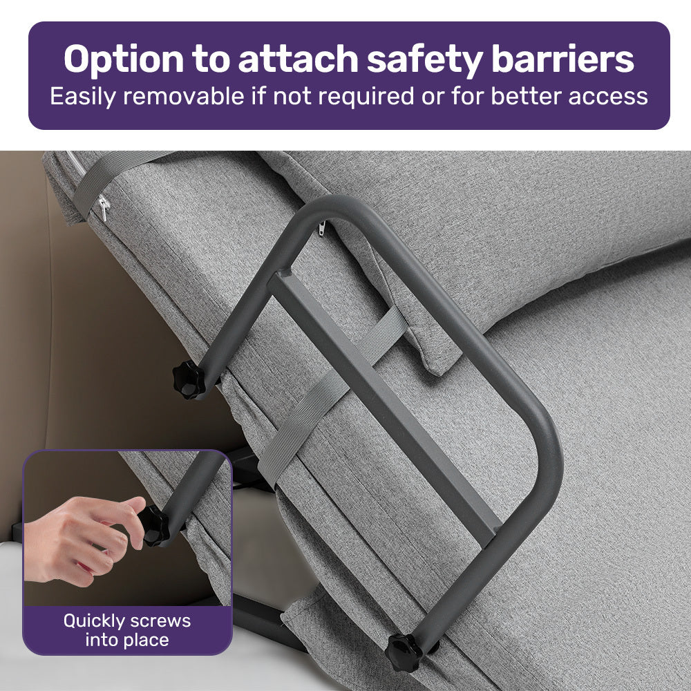 Equipmed electric adjustable bed backrest in grey with remote control, German-engineered power lifting back support, full length.