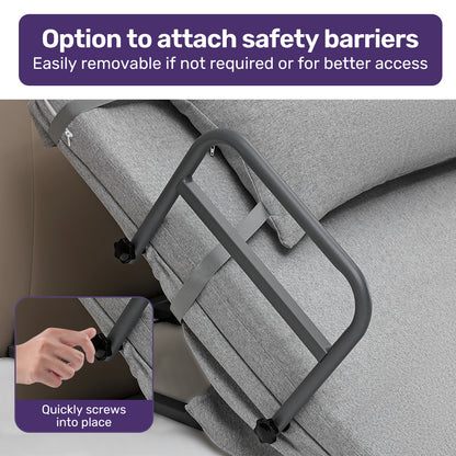 Equipmed electric adjustable bed backrest in grey with remote control, German-engineered power lifting back support, full length.