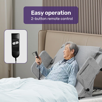 Hlpmedical Equipmed electric adjustable bed backrest in grey with remote control, German-engineered power lifting support for sleeping comfort.