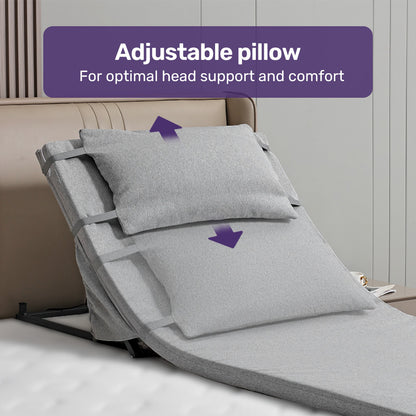 Equipmed electric adjustable bed backrest in grey, German-engineered power lift support with remote control for comfortable sleeping aid.