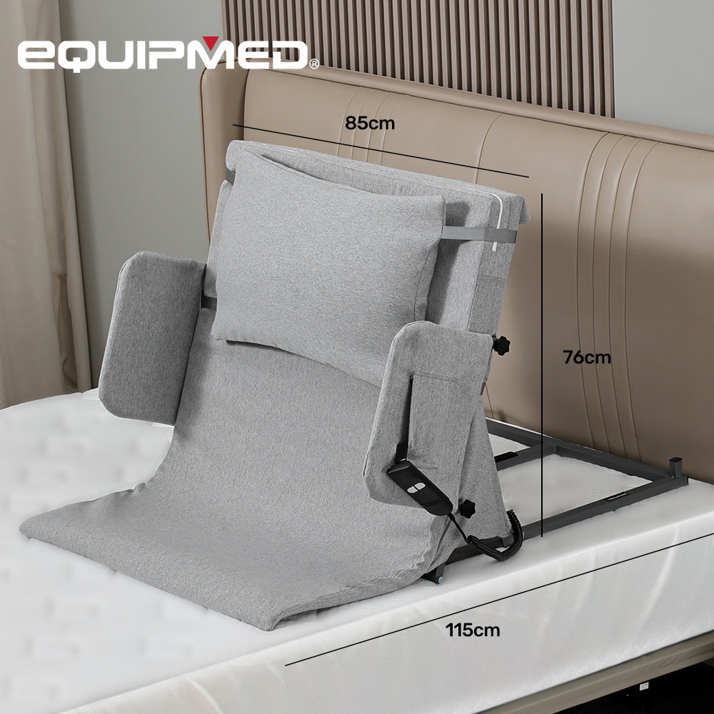 Equipmed electric adjustable bed backrest by Hlpmedical, grey sleep aid with remote control, German-engineered power lifting support