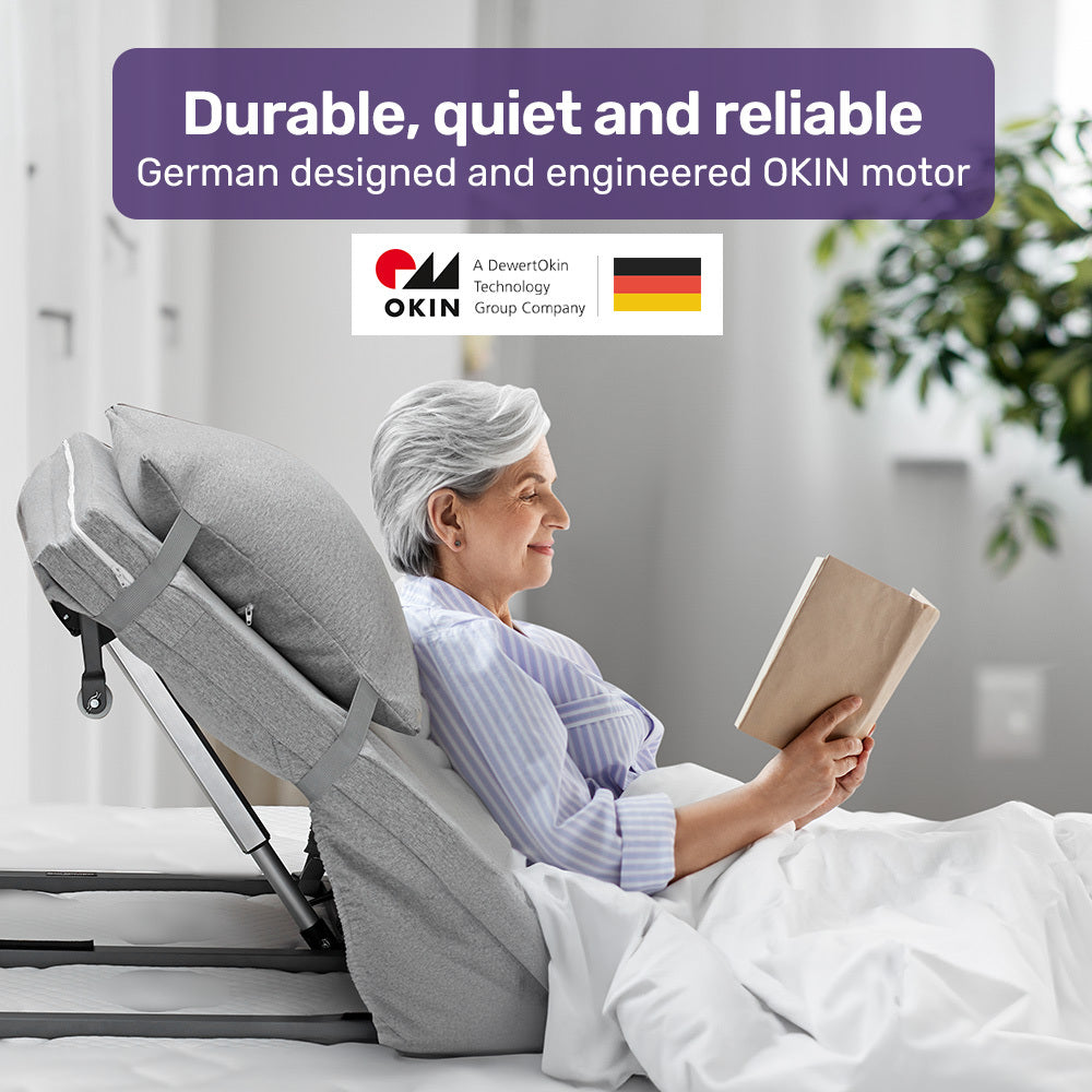 Hlpmedical Equipmed electric adjustable bed backrest in grey with remote control, German-engineered power lifting support for comfort.