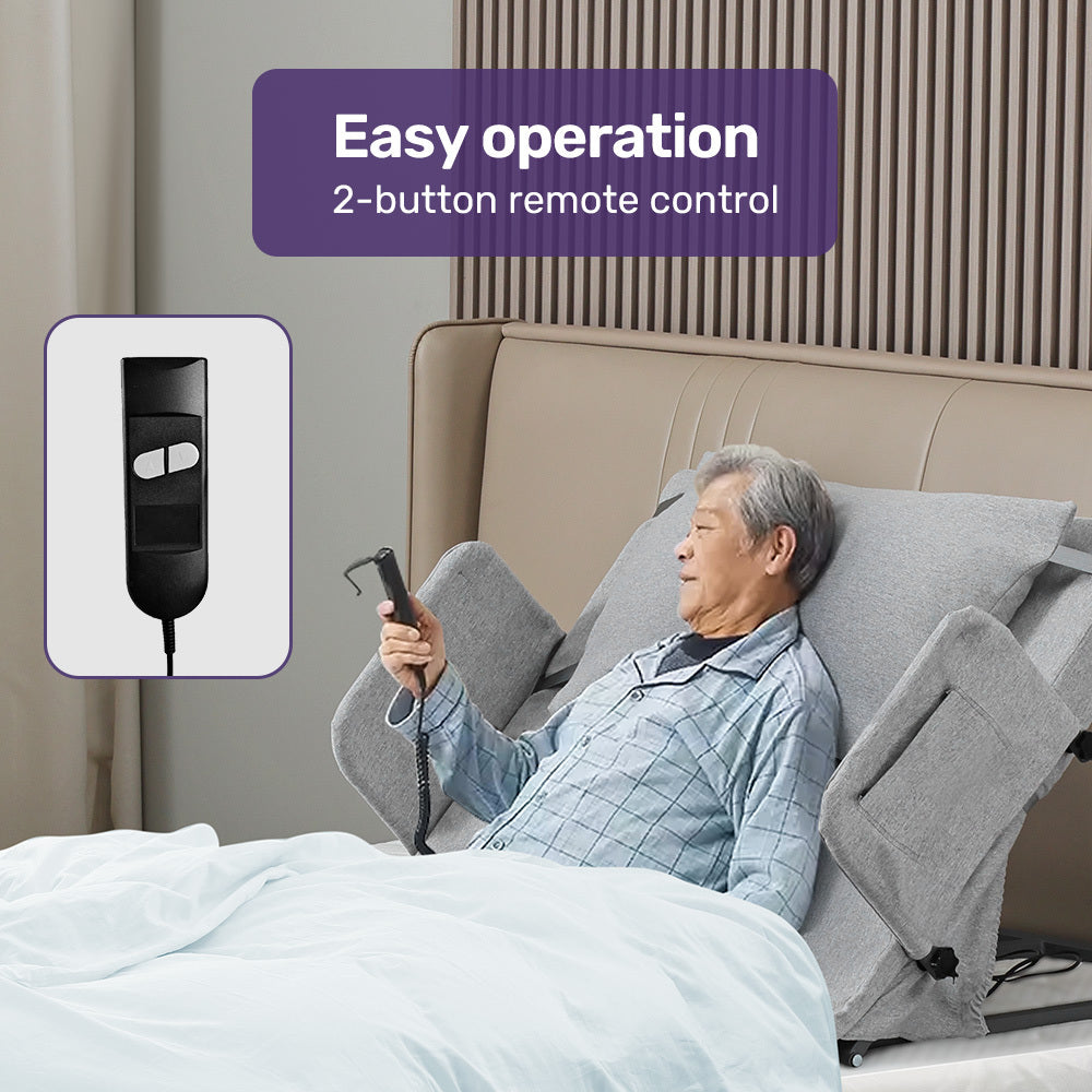 Equipmed electric adjustable bed backrest by Hlpmedical, grey health support with remote control, German-engineered power lifting feature.