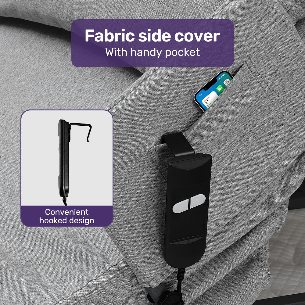 Equipmed electric adjustable bed backrest by Hlpmedical, grey ergonomic support with remote control for enhanced sleeping comfort.