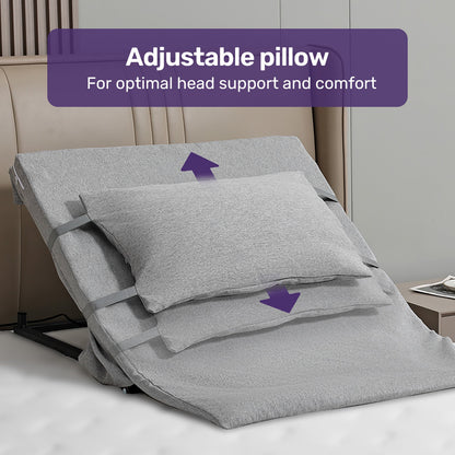 Equipmed electric adjustable bed backrest by Hlpmedical with remote control, grey German-engineered power lifting back support.