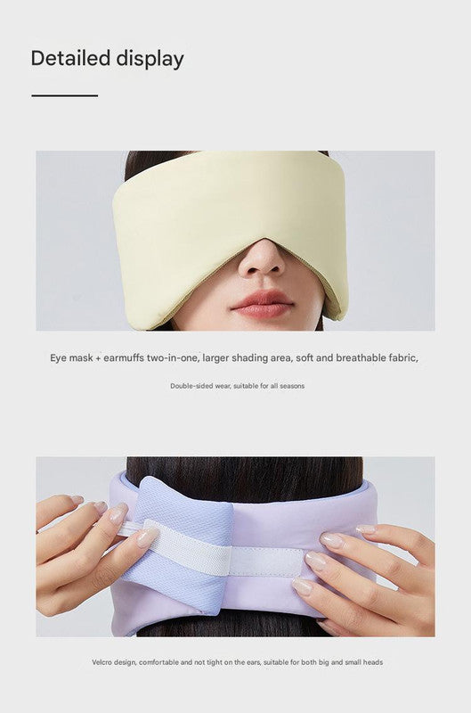 Grey reversible all-season sleep mask with cooling and warming features, includes sound-muffling ear covers for better sleep.