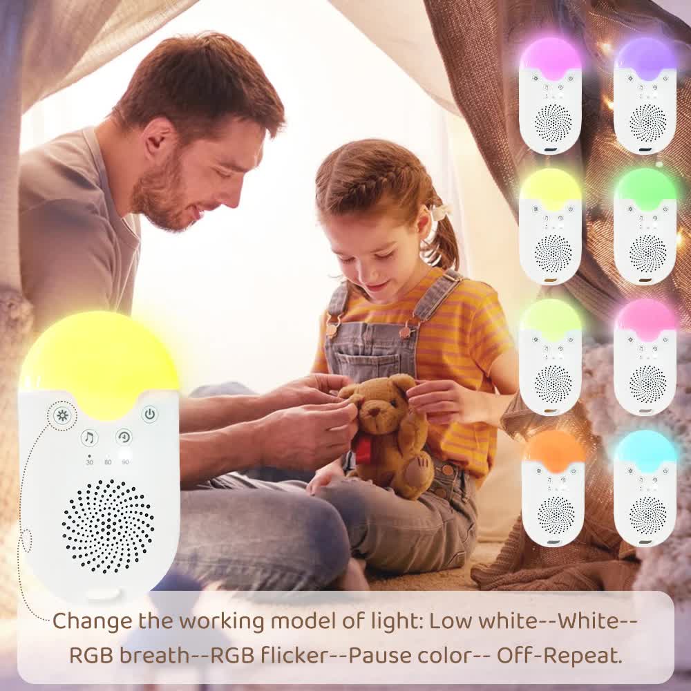 Portable Hlpmedical baby sleep white noise machine with RGB night light, soothing sounds, auto timer, and USB-C rechargeable design.