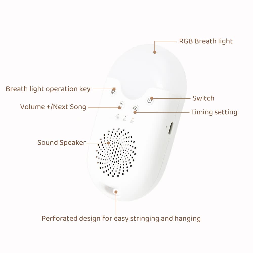 Portable Hlpmedical baby sleep white noise machine with RGB night light, soothing sounds, auto timer, and USB-C rechargeable design.