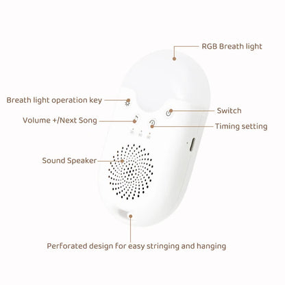 Portable Hlpmedical baby sleep white noise machine with RGB night light, soothing sounds, auto timer, and USB-C rechargeable design.