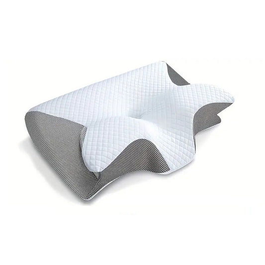 Hlpmedical light gray viscoelastic ergonomic neck pillow with contour support for pain relief, ideal for sleep and neck comfort.