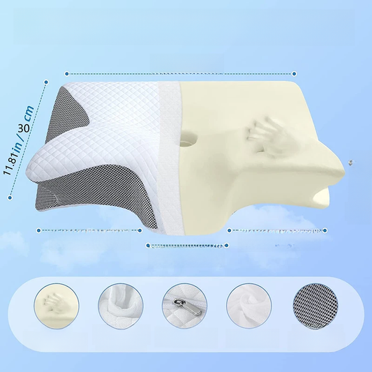 Hlpmedical viscoelastic neck pillow with ergonomic contour design in light gray, providing orthopedic support for neck pain relief.