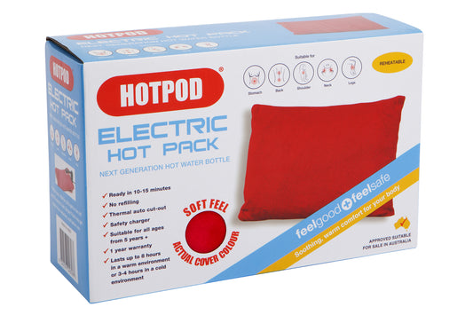 HOTPOD electric hot pack water bottle reheat-able pillow pad by Hlpmedical, designed for sleep aid and comfort, safety approved.