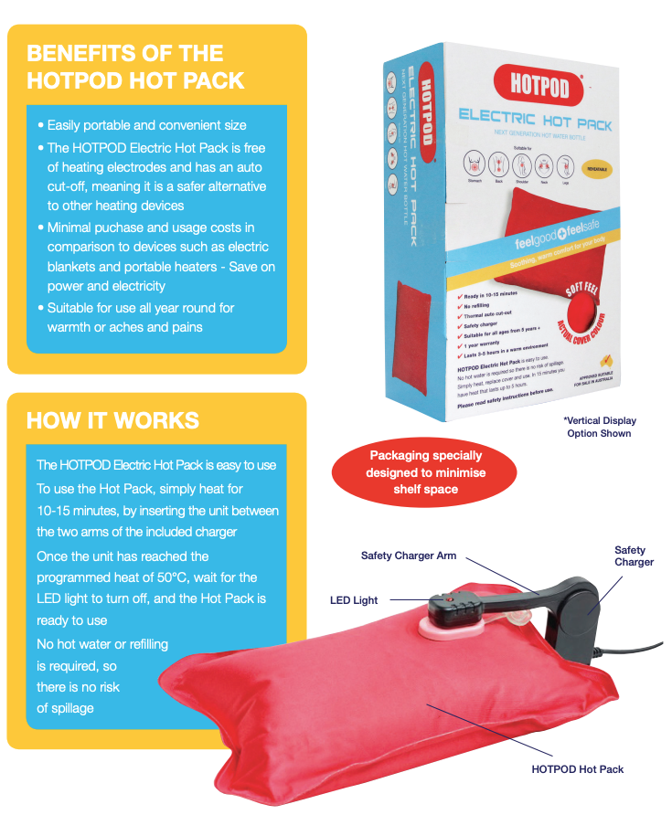 HOTPOD Electric Hot Pack Water Bottle Reheat-able Pillow Pad for sleep and pain relief, safety approved by Hlpmedical.