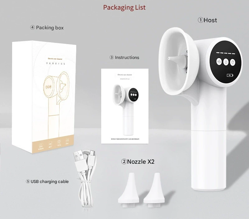 Hlpmedical automatic electric ear wax removal and irrigation system with 5 modes, USB-C charging, and hot air drying in white.
